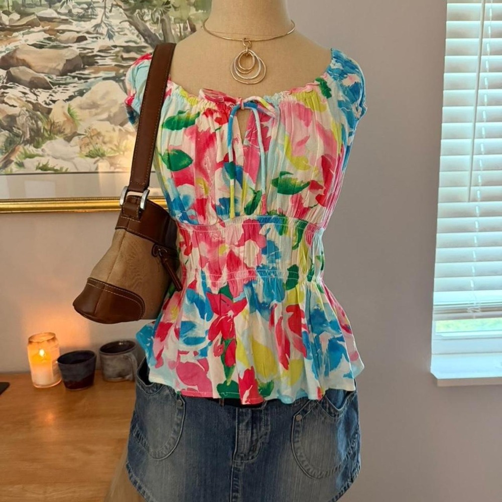 Old Navy Floral Milkmaid Blouse Y2K Babydoll Top Blue Pink Small